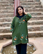 Olive Green Pashmina Blend Hand-Embroidered Kurti