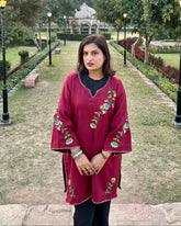 Wine Pashmina Blend Hand-Embroidered Kurti