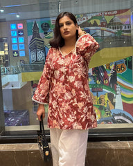 Brown Floral Print Short Kurti
