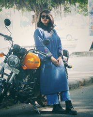 Hand Embroidered Long Denim Kurta