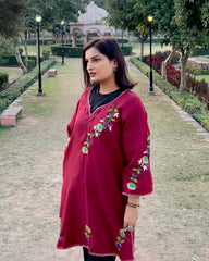 Wine Pashmina Blend Hand-Embroidered Kurti