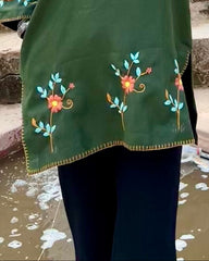 Olive Green Pashmina Blend Hand-Embroidered Kurti