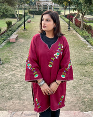 Wine Pashmina Blend Hand-Embroidered Kurti