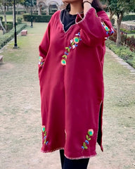 Wine Pashmina Blend Hand-Embroidered Kurti