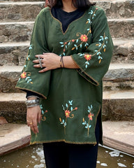 Olive Green Pashmina Blend Hand-Embroidered Kurti