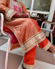 Rust Orange Banarasi Silk Kurta Set