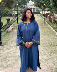 Hand Embroidered Long Denim Kurta