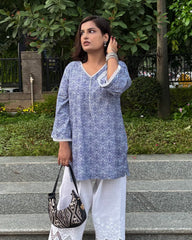 Navy Blue Paisley Print Short Kurti