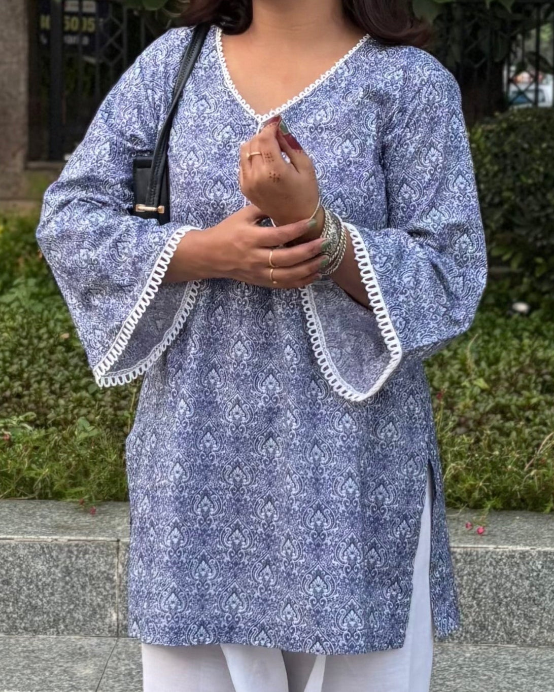 Navy Blue Paisley Print Short Kurti