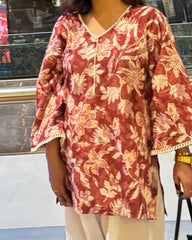 Brown Floral Print Short Kurti