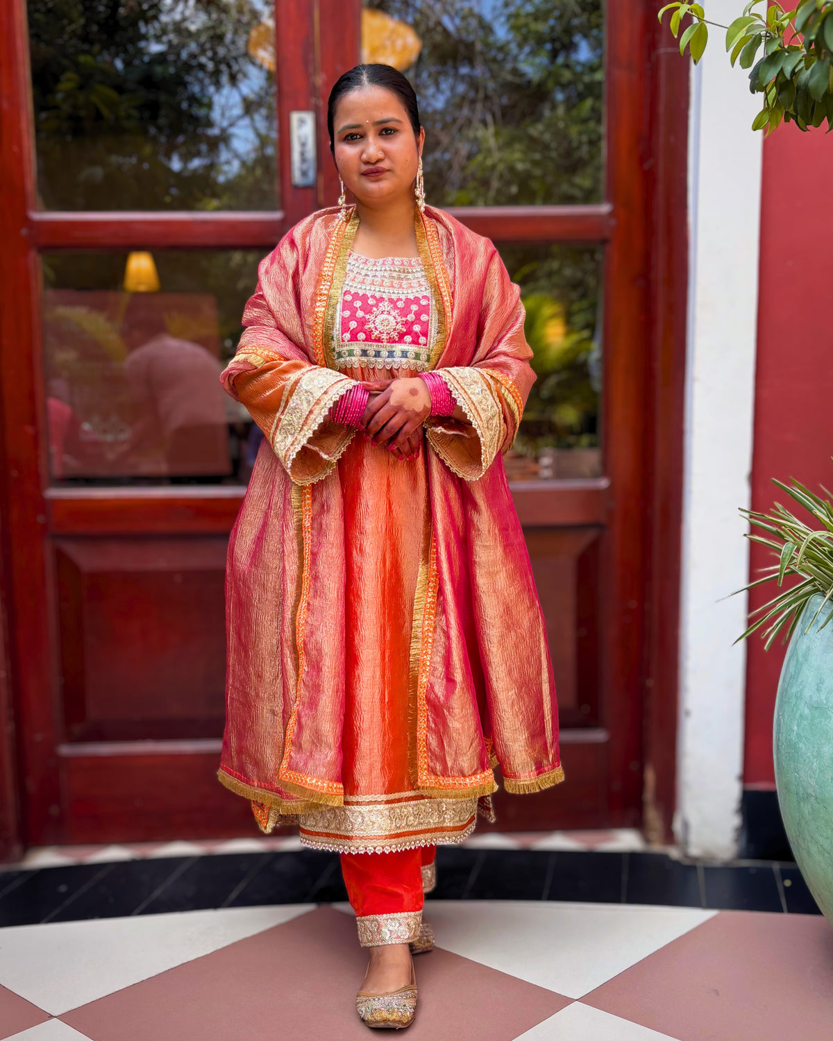 Rust Orange Banarasi Silk Kurta Set